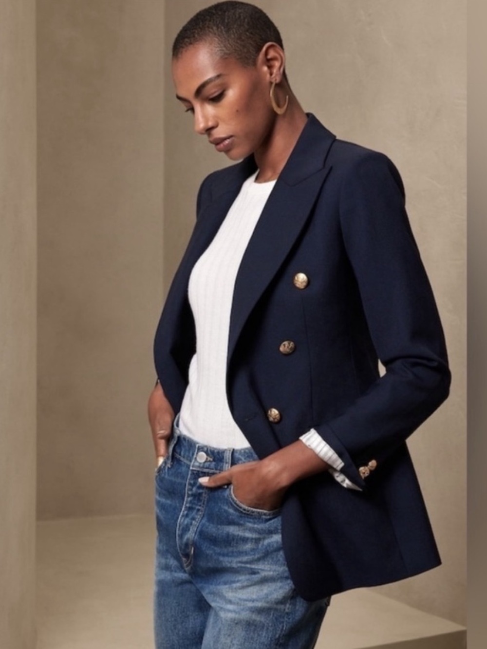 Banana Republic Navy Double-Breasted Captain’s Blazer with Gold Buttons